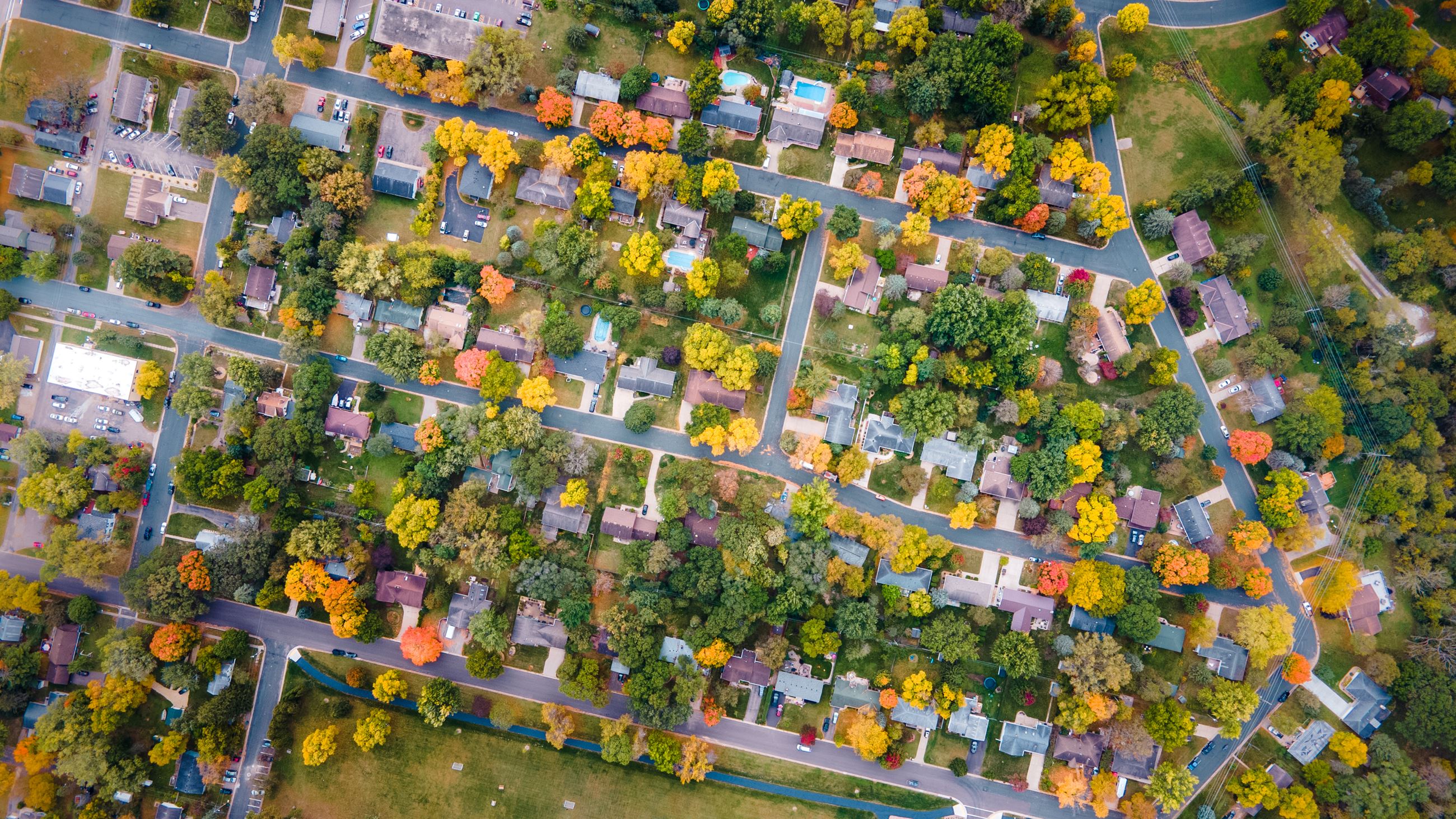 City fall drone shot